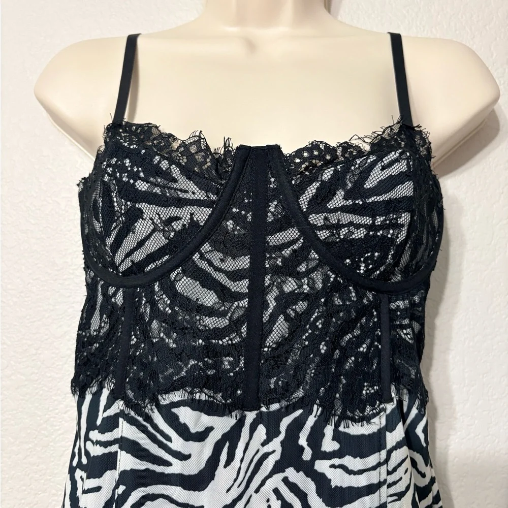 Mesh Body con Semi Sheer Black White Zebra Print Dress w Bustier Type Lace Top - Picture 3 of 13